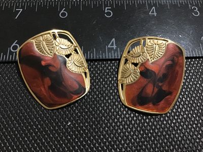 Vintage Edgar Berebi Gold Tone & Red Swirl Enamel Clip-On Earrings