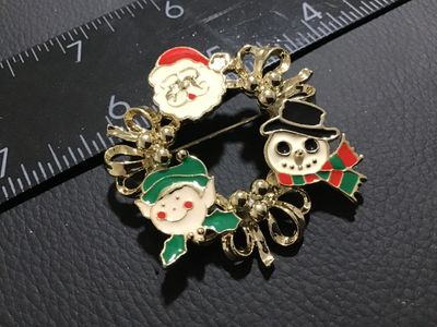Vintage Christmas Wreath Brooch with Santa, Snowman, and Elf