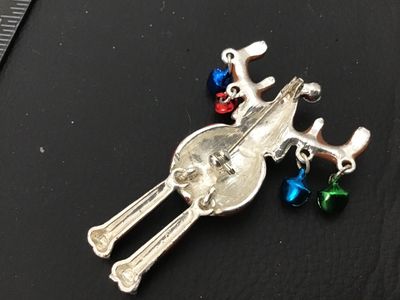 Enamel Reindeer Christmas Brooch with Dangling Legs and Jingle Bells