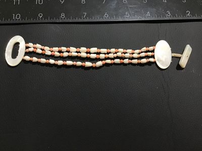Vintage Mother of Pearl and Coral 3-Strand Tulip Bead Bracelet