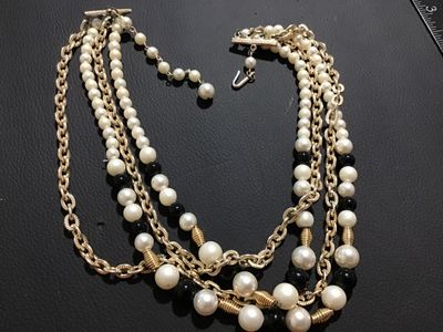 Vintage Japan Multi-Strand Faux Pearl & Gold-Tone Chain Necklace