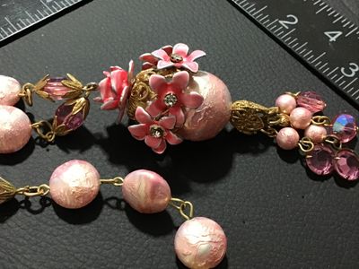 Vintage Pink Foil Glass Bead Necklace with Enamel Flower Pendant