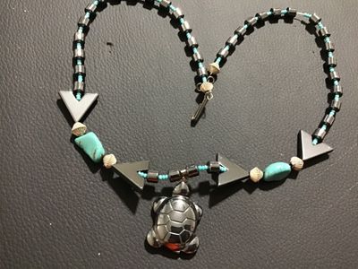 Hematite and Turquoise-Style Beaded Necklace with Turtle Pendant