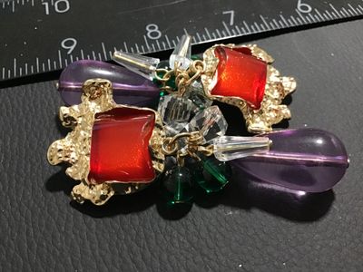 Vintage Gold Tone Clip-On Dangle Earrings with Red, Purple & Green Beads