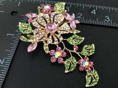 Gold-Tone Pink and Green Rhinestone Floral Brooch