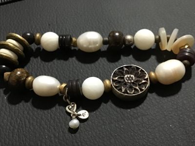 Artisan Spilpada signed Beaded Stretch Bracelet with Pearls and Mixed Media Accents
