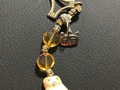 Whimsical porcelain Cat and Amber Glass Bead Toggle Bracelet. Vintage