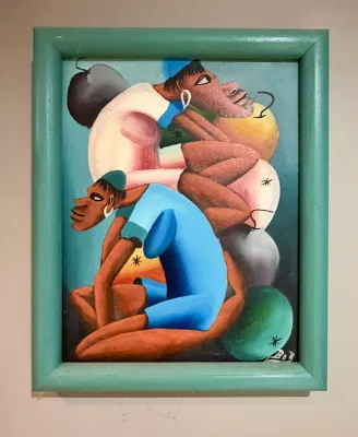 Stylized oil painting depicting figures in a cubist or modernist style, housed in a simple green wooden frame.