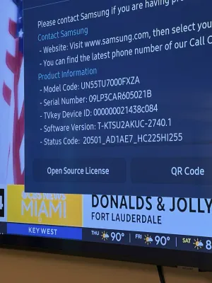 Samsung 55-inch Class TU7000 4K UHD HDR Smart TV, model UN55TU7000FXZA, displaying its product information screen.