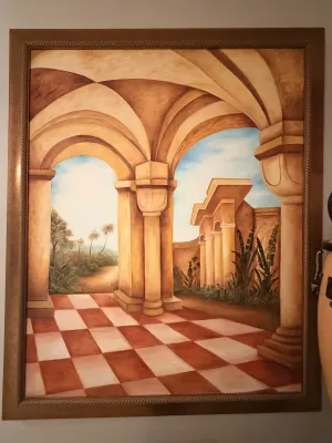 Large framed oil painting depicting a classical architectural scene with arches, columns, and a checkered floor, housed in a carved...