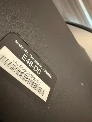 Model number and barcode label on the back of a Vizio E48-D0 television.