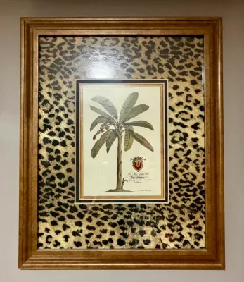 Framed botanical print of a banana tree with a coat of arms, featuring a distinctive leopard print mat and a classic wooden frame.