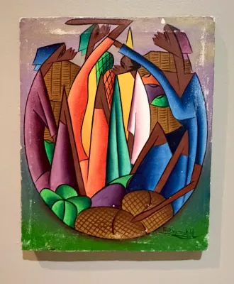 Mid-century Haitian market scene painting on canvas, featuring stylized figures in vibrant colors, signed by the artist in the lower...