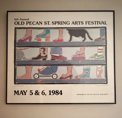 Framed poster for the 6th Annual Old Pecan St. Spring Arts Festival, dated May 5 & 6, 1984, featuring colorful illustrations of...