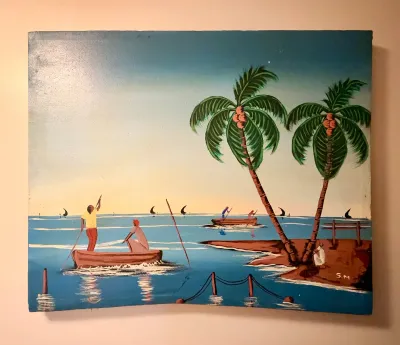 Folk art style oil painting on board depicting a tropical coastal scene with figures in boats and palm trees, signed with initials S.M.