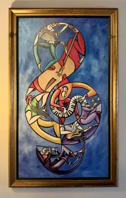 Framed cubist-style painting by Bogaert depicting jazz musicians arranged in the shape of a treble clef against a blue background.