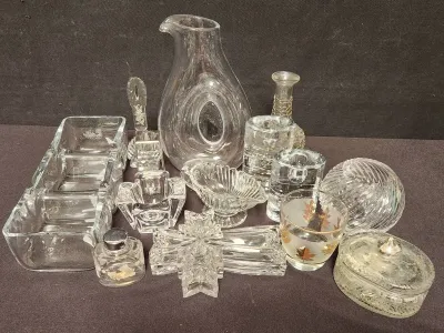 VINTAGE CRYSTAL AND GLASS DISHES AND DECOR