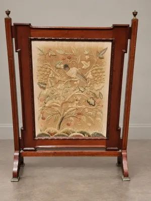 ANTIQUE VICTORIAN FIREPLACE SCREEN  WITH NEEDLEPOINT TAPESTRY 