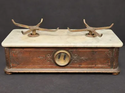 ANTIQUE WOODEN AND MARBLE-TOP BALANCE SCALE