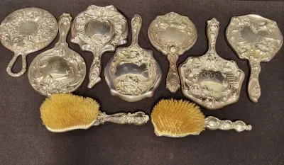 ANTIQUE ART NOUVEAU STYLE SILVERPLATED HAND MIRRORS AND HAIRBRUSHES