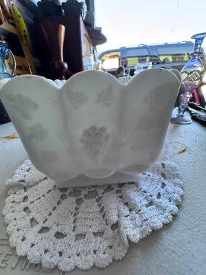 Sale Photo Thumbnail #338: A vintage milk glass rectangular planter or centerpiece bowl featuring the classic 'Paneled Grape' pattern by Westmoreland Glass. It features a scalloped rim, embossed grape clusters, and leaves on the exterior panels. The bottom interior shows the faint 