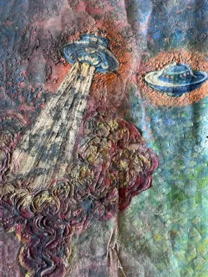 Sale Photo Thumbnail #134: A unique vintage sci-fi folk art painting on textured canvas or heavy paper, depicting a fleet of UFOs/flying saucers over a dramatic landscape with a tidal wave and an atomic-style explosion. The artwork features heavy, impasto-like textured details on t