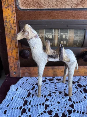 Sale Photo Thumbnail #185: A vintage handmade camel figurine covered in genuine animal fur with leather details forming the saddle and face. This folk art piece stands approximately 6 inches tall and features simple wooden dowel legs. Shows some age-related wear to the leather and 