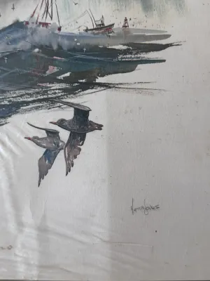 Sale Photo Thumbnail #144: A vintage maritime lithograph print of a watercolor painting by American artist Herb Jones (1923-1998), known for his coastal Virginia and North Carolina scenes. The artwork depicts fishing boats navigating choppy seas under a stormy sky, with seagulls in