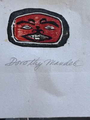 Sale Photo Thumbnail #174: An original limited edition woodblock or linocut print titled "Tlingit Ravens" by artist Dorothy Mandel. Hand-signed in pencil by the artist on the lower right, titled on the lower left, and numbered 9/40. The artwork features Northwest Coast Indigenous s