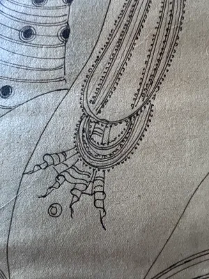 Sale Photo Thumbnail #150: A vintage Indian ink drawing on textured paper depicting a stylized female figure adorned with traditional jewelry, reminiscent of classical Indian temple carvings or Ajanta cave paintings. The piece features intricate line work detailing her necklaces, a
