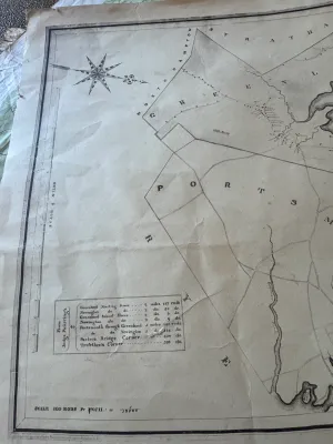 Sale Photo Thumbnail #121: An authentic antique cartographic map titled 'Plan of Newington, Greenland, and Portsmouth' dated May, 1851. Drawn by Alfred M. Hoyt (Alfred M. Hoyt Del.). This detailed historical map features local landmarks, property boundaries, acreage, and geographic