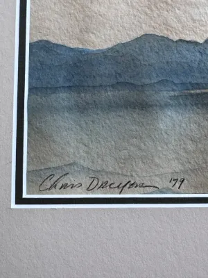 Sale Photo Thumbnail #221: An original watercolor painting on textured paper depicting two boats on the water with mountains in the background. Signed by the artist 'Chris Dreyer' and dated '79 in the lower left corner. The piece is presented in a white and black double mat. Good v