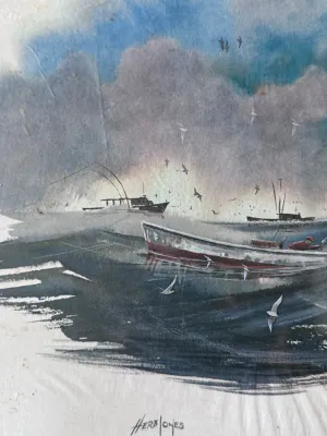 Sale Photo Thumbnail #146: A vintage maritime lithograph print of a watercolor painting by American artist Herb Jones (1923-1998), known for his coastal Virginia and North Carolina scenes. The artwork depicts fishing boats navigating choppy seas under a stormy sky, with seagulls in