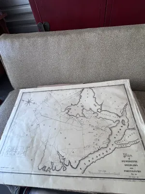 Sale Photo Thumbnail #119: An authentic antique cartographic map titled 'Plan of Newington, Greenland, and Portsmouth' dated May, 1851. Drawn by Alfred M. Hoyt (Alfred M. Hoyt Del.). This detailed historical map features local landmarks, property boundaries, acreage, and geographic