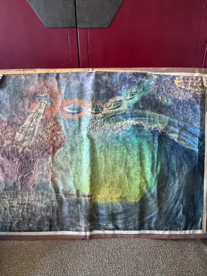 Sale Photo Thumbnail #133: A unique vintage sci-fi folk art painting on textured canvas or heavy paper, depicting a fleet of UFOs/flying saucers over a dramatic landscape with a tidal wave and an atomic-style explosion. The artwork features heavy, impasto-like textured details on t