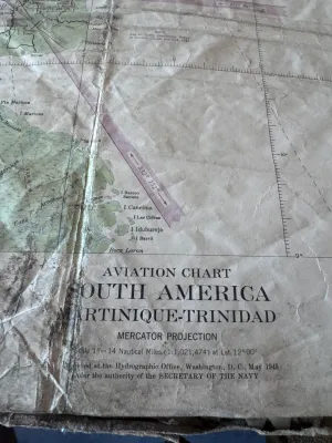 Sale Photo Thumbnail #124: An authentic World War II era aviation chart titled 'South America Martinique-Trinidad' (Mercator Projection). Marked as a 1st Edition, May 1945, with corrections through May 21, 1945. Published in Washington, D.C. by the Hydrographic Office under the aut