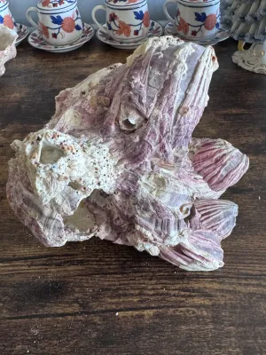 Sale Photo Thumbnail #226: A large, natural purple barnacle cluster specimen. Features striking lavender and deep purple ridges with white calcified highlights and smaller attached marine growths. This organic sea specimen makes an excellent coastal decor accent piece or addition t