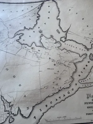 Sale Photo Thumbnail #122: An authentic antique cartographic map titled 'Plan of Newington, Greenland, and Portsmouth' dated May, 1851. Drawn by Alfred M. Hoyt (Alfred M. Hoyt Del.). This detailed historical map features local landmarks, property boundaries, acreage, and geographic