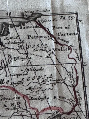 Sale Photo Thumbnail #103: An antique copperplate engraved map titled 'Europe' by the notable English cartographer Robert Morden (c. 1650–1703). This miniature map features hand-colored outlines in red/pink, showing the European continent, parts of North Africa, and 'Moscovia' (R