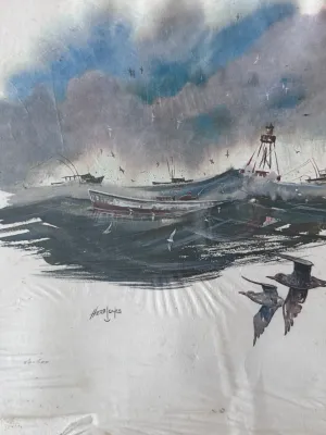 Sale Photo Thumbnail #143: A vintage maritime lithograph print of a watercolor painting by American artist Herb Jones (1923-1998), known for his coastal Virginia and North Carolina scenes. The artwork depicts fishing boats navigating choppy seas under a stormy sky, with seagulls in