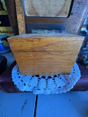 Sale Photo Thumbnail #69: An antique/vintage wooden recipe box featuring 'Gold Medal Home Service Recipes' on the front. The interior lid features original advertising for Washburn-Crosby Co. Gold Medal Foods and Betty Crocker 'Kitchen-tested' flour. Includes vintage recipe divide