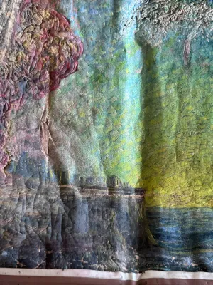 Sale Photo Thumbnail #136: A unique vintage sci-fi folk art painting on textured canvas or heavy paper, depicting a fleet of UFOs/flying saucers over a dramatic landscape with a tidal wave and an atomic-style explosion. The artwork features heavy, impasto-like textured details on t