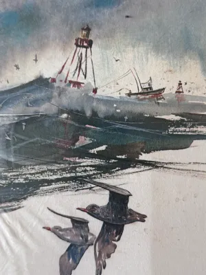 Sale Photo Thumbnail #145: A vintage maritime lithograph print of a watercolor painting by American artist Herb Jones (1923-1998), known for his coastal Virginia and North Carolina scenes. The artwork depicts fishing boats navigating choppy seas under a stormy sky, with seagulls in