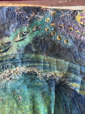 Sale Photo Thumbnail #135: A unique vintage sci-fi folk art painting on textured canvas or heavy paper, depicting a fleet of UFOs/flying saucers over a dramatic landscape with a tidal wave and an atomic-style explosion. The artwork features heavy, impasto-like textured details on t