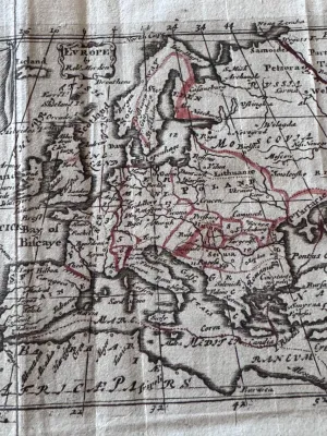 Sale Photo Thumbnail #104: An antique copperplate engraved map titled 'Europe' by the notable English cartographer Robert Morden (c. 1650–1703). This miniature map features hand-colored outlines in red/pink, showing the European continent, parts of North Africa, and 'Moscovia' (R