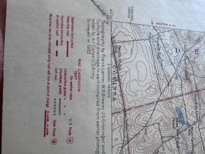 Sale Photo Thumbnail #208: A collection of vintage United States Geological Survey (USGS) topographic maps of Maine. Includes the Dover-Foxcroft, ME quadrangle (Edition of 1935, reprinted 1947) and the Berwick, ME-NH quadrangle (Edition of 1944, reprinted 1948). These maps feature 