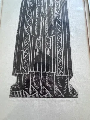 Sale Photo Thumbnail #218: A vintage framed monumental brass rubbing depicting John Sprotte (1498), Master of the College of Cobham, from Cobham Church in Kent, England. The black wax rubbing is executed on a light-colored paper or fabric backing. It is housed in a simple silver-to