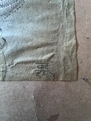 Sale Photo Thumbnail #151: A vintage Indian ink drawing on textured paper depicting a stylized female figure adorned with traditional jewelry, reminiscent of classical Indian temple carvings or Ajanta cave paintings. The piece features intricate line work detailing her necklaces, a