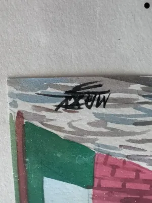 Sale Photo Thumbnail #215: A beautiful pair of original mid-century watercolor paintings depicting vibrant street scenes of Taxco, Mexico. Each piece is signed by the artist 'Max V.' in the lower corner. One painting features a cobblestone street leading toward the iconic Santa Pri