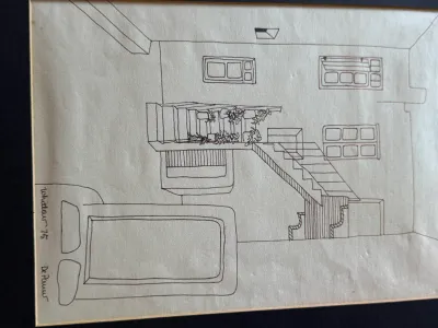 Sale Photo Thumbnail #210: An original vintage ink line drawing on paper depicting an architectural interior perspective with staircases, windows, and potted plants. Signed and dated 'Whitlow 75' and inscribed 'DePauw' in the lower left corner. The piece is rendered in a clean, min